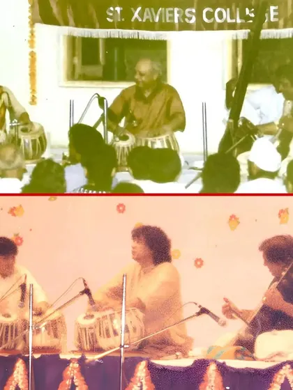 A collage dedicated to my Gurus on Guru Poornima, featuring me with both Ustad Alla Rakha and Ustad Zakir Hussain.