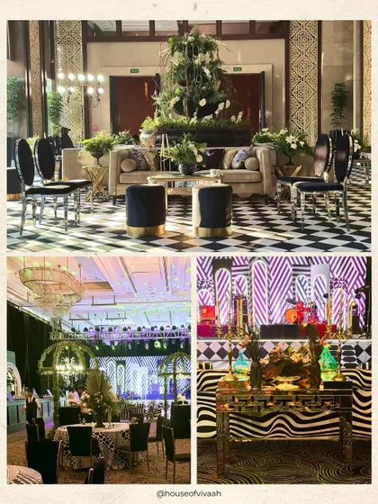 A collage of the black and white themed cocktail party, showing the checkerboard lounge, the geometric stage design, and the vibrant, pattern-heavy tablescapes.