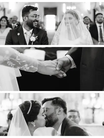 A collage of key ceremony moments in black and white: the couple's loving glance, holding hands, and their first kiss as husband and wife.