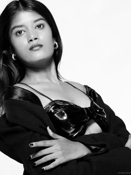 A black and white version of a close-up portrait, adding a classic and timeless feel.