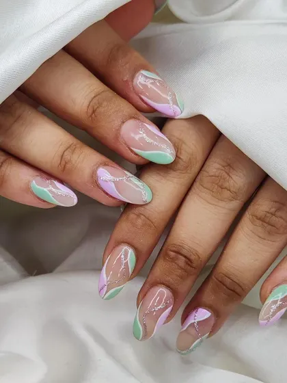 Another look at the pastel swirl design, showing the delicate lines and glitter details against a sheer background.