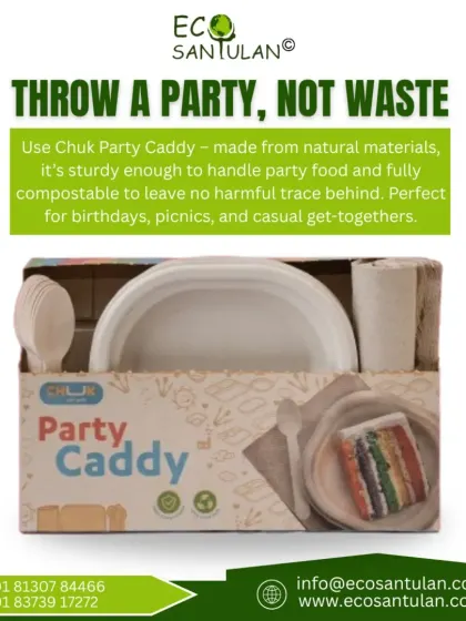 This is my Chuk Party Caddy, an all-in-one kit for your get-togethers. It contains plates, cups, and cutlery, all made from natural, compostable materials. Now you can throw a party without throwing away plastic waste.