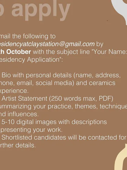 This graphic outlines the application process for our residency program. We require a bio, artist statement, and a portfolio of 5 to 10 images of your work. Shortlisted candidates will be contacted for further details.