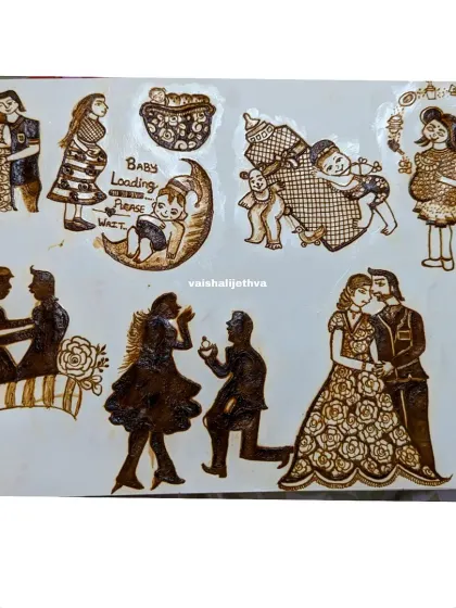 A collection of sketches for baby showers and engagement proposals. These are custom figures I design to make my clients' mehndi extra special and personal.