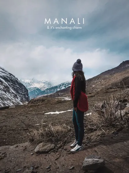 A poster-style image capturing the enchanting charm of Manali. The composition and text overlay create a beautiful, shareable piece of travel art.