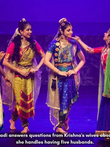 A lighter moment in Draupadi's life, where she answers questions from Krishna's wives about managing five husbands. This scene offers a glimpse into her wisdom and grace, choreographed to show the camaraderie and curiosity among the women.