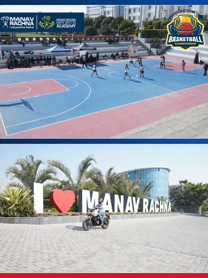 Our campus provides a stunning backdrop for our sporting events. The 'I Love Manav Rachna' sign is a favorite spot for visiting teams and sponsors like Triumph Bikes.