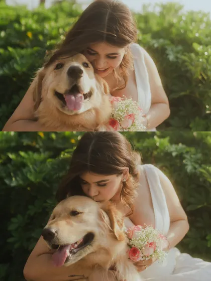 A two-panel collage showing the bride affectionately hugging and kissing her golden retriever. These close-ups are filled with emotion and highlight the deep love for a furry family member.