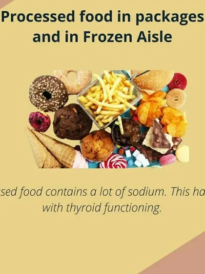 A visual warning against processed foods due to their high sodium content, which impacts thyroid function.