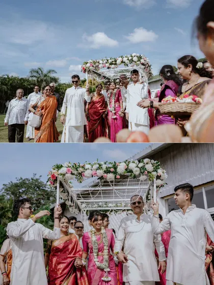A diptych showing the bride's grand entrance with her family under a floral canopy.