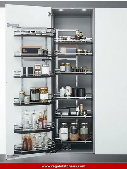 This tandem pantry unit is the pinnacle of kitchen organization. Opening the door brings the front shelves forward while also pulling the back shelves into view, giving you unparalleled access to all your stored goods.
