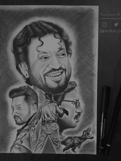 A tribute to one of the finest actors, Irrfan Khan. This custom caricature-style portrait collage honors his versatility, from Slumdog Millionaire to Jurassic World.