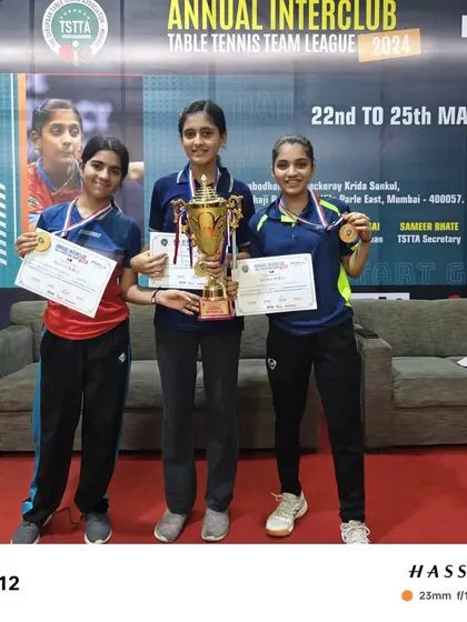 Our winning women's team proudly displaying their trophy and medals at the TSTTA Mumbai Inter-Club Tournament. A fantastic achievement for Team Spinart.