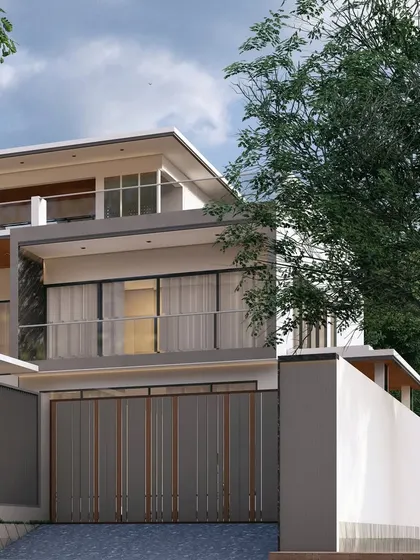 This angle of 'Zen Oasis' shows the entrance gate and how the building's form creates a series of interlocking volumes. The landscaping is kept minimal and modern to match the architectural style.