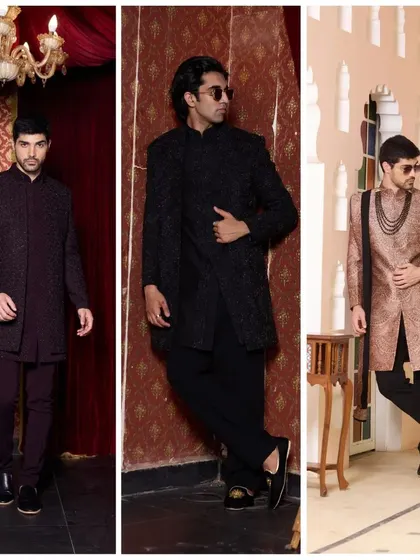 A showcase of three distinct Indo-Western looks, from a rich copper-toned sherwani to a classic black ensemble, demonstrating the range of styles available for the modern groom and his party.