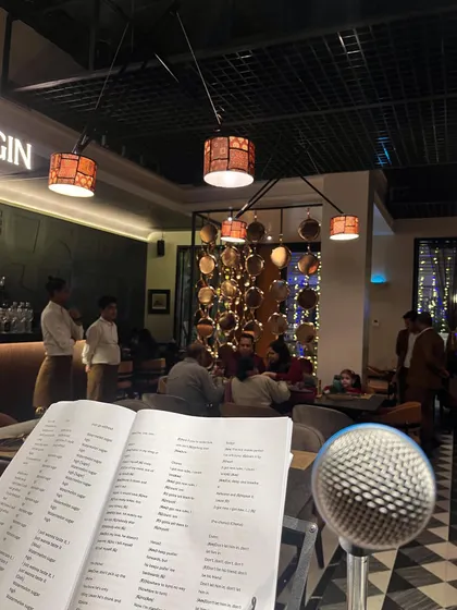 The view from my side of the stage during a performance at Indian Origin, Faridabad. You can see my songbook, ready to take requests and set the mood for the evening.