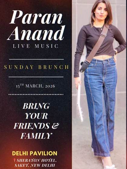 My Sunday brunch announcement names Delhi Pavilion, Sheraton Hotel, Saket, for 15 March 2026, with a full-length artist portrait.