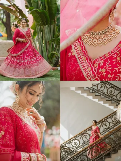 A collage of stunning bridal portraits, showcasing the bride's magnificent red lehenga and intricate jewelry.