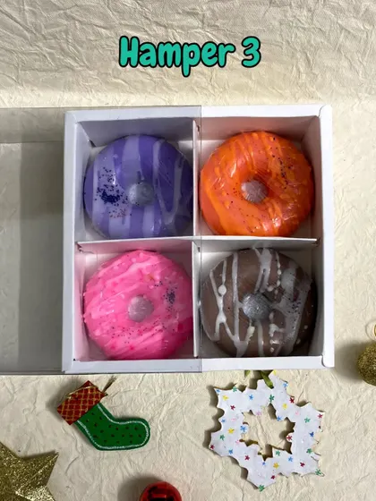 This is my Hamper Box 3, a set of four colorful and fragrant donut-shaped camel milk soaps. It's a simple, fun, and ready-to-gift option.