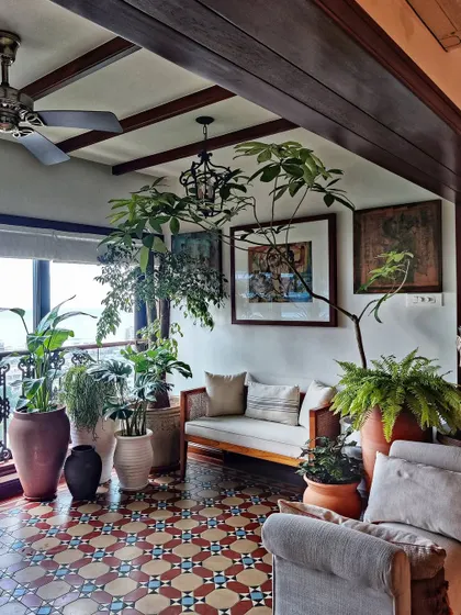 This cozy corner from a client's home is a perfect example of jungalow style. A few years after our initial setup, the plants have grown beautifully, creating a lush, layered look with terracotta pots and vintage tiles.