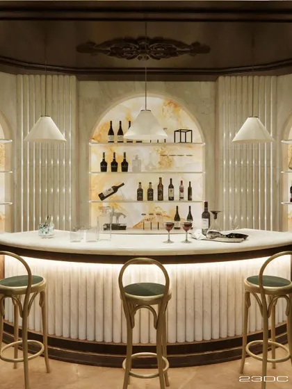 A bespoke home bar designed with classic elegance. The curved marble counter, onyx stone backdrop, and antique-style pendant lights create a sophisticated and inviting space for entertaining guests.