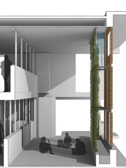 A sectional render showing the green screen detail at the VIT School of Architecture. This screen, with a wire mesh for creepers, helps cut down direct sunlight and creates a cooler micro-climate.