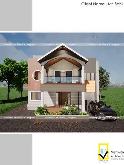 A render of 'Kadam's House' in Panvel, showcasing the prominent A-frame roof and spacious balcony that define its character.