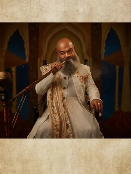 Character styling for Rajkumar Uday Prathap Singh. The all-white ensemble with gold embroidery and a matching shawl, paired with a hookah, establishes his character as a prince of leisure and power.