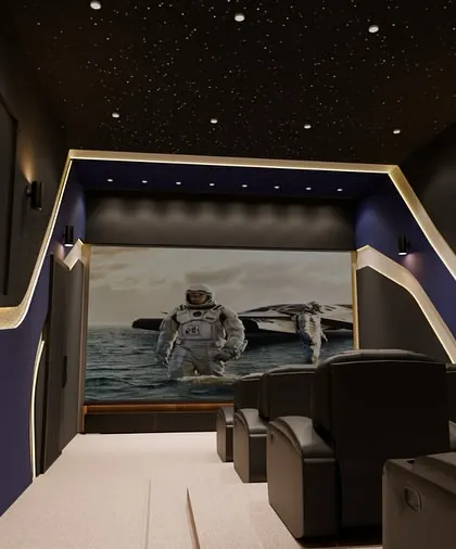 This futuristic design uses flowing, organic lines with integrated LED lighting to create a visually stunning effect. The deep blue walls contrast beautifully with the warm light, making the room feel like a spaceship's viewing deck.