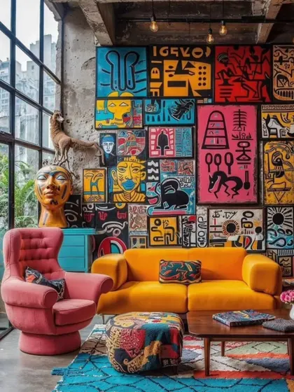 This gallery wall features a vibrant collection of tribal and pop-art inspired pieces, creating a maximalist interior that is full of energy and personality. We can help you curate a similar collection for your space.