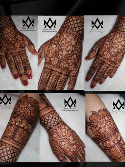A collage showcasing different angles and details of a traditional bridal mehendi design.