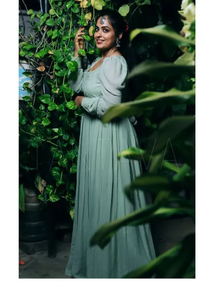 The full view of this dreamy georgette dress, showing its long, flowing skirt and elegant puff sleeves. A perfect example of my ready-to-wear pret collection.