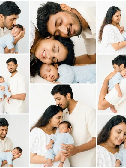 A collage showcasing the variety of shots from a single newborn session, from family portraits to individual baby photos.