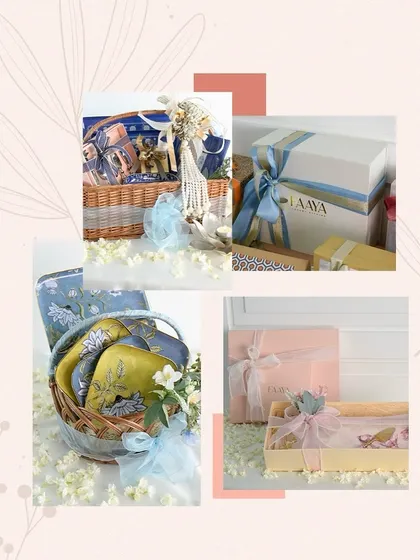 This collage showcases the variety of our wedding hampers, from rustic baskets to elegant boxes. Each one is a curated experience, designed to delight guests and reflect the couple's personal style.