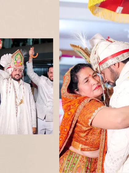 A collage showing the groom's celebratory entrance and a touching, emotional hug with his mother.