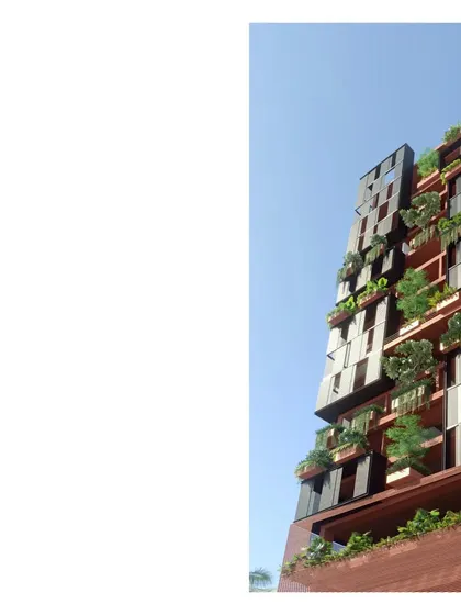 A render of a tall, slender residential tower in Bombay. This project is an exploration of vertical living on the coast, with green balconies and screens to mediate the tropical climate.