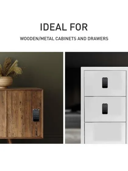 This image shows the versatility of our furniture locks, ideal for both wooden cabinets and metal drawers. Secure your valuables in any piece of furniture with these sleek, easy-to-install smart locks.