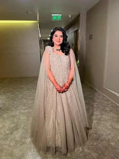 The complete look for Sanchi's engagement. The makeup is soft and romantic, perfect for this special occasion.