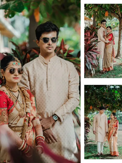 A collage of a couple in sunglasses, posing for a cool, modern post-wedding shot.