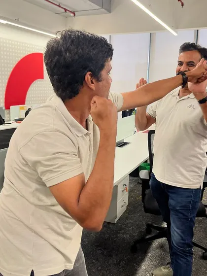 Learning a basic wrist block and counter. Our corporate seminars focus on simple, effective techniques that anyone can learn.