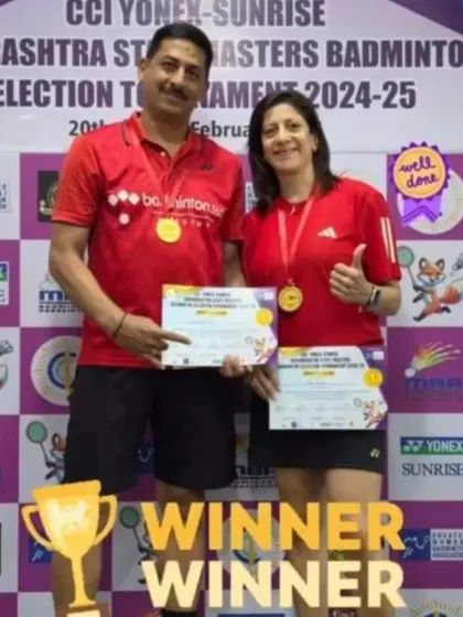 A graphic celebrating the "Winner Winner" moment for Naheed Divecha and her partner in the mixed doubles category.