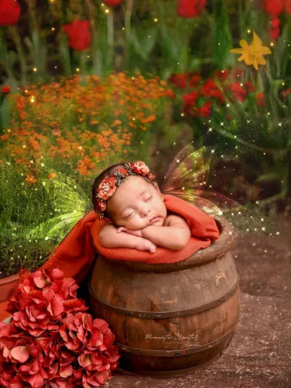 A garden fairy sleeping in a flower pot. This artistic portrait uses rich colors and magical lighting to create a truly enchanting scene.