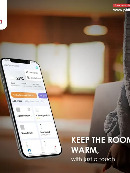 Keep the room warm, or cool, with just a touch. The app's climate control interface allows you to adjust the temperature precisely to your liking.
