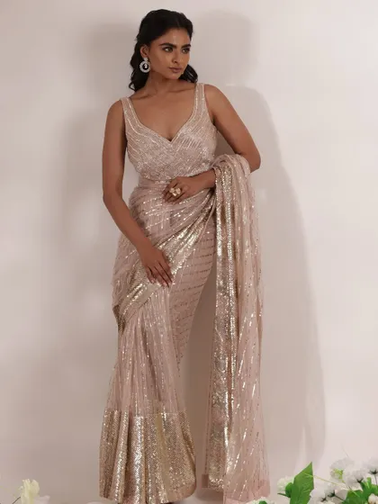 A series of looks from a campaign with Zari Jaipur. I styled a variety of sequined and embroidered sarees in pastel and metallic shades, showcasing options for everything from cocktail parties to wedding receptions.