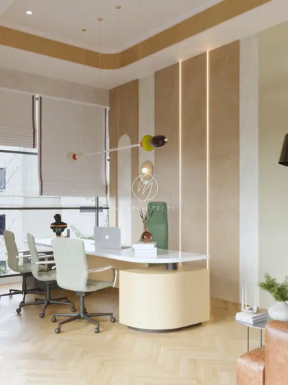A design rendering for a private cabin, showcasing a custom curved desk and striped wall paneling. The space was designed to be a bright and inspiring corner office with ample natural light.