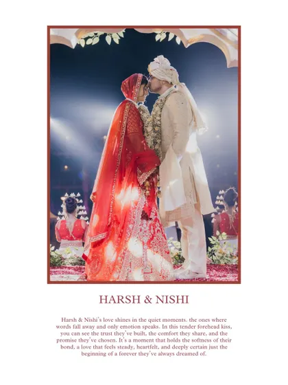 A tender forehead kiss during the varmala ceremony. This shot captures a moment of pure love and trust, beautifully framed to feel intimate and deeply personal.