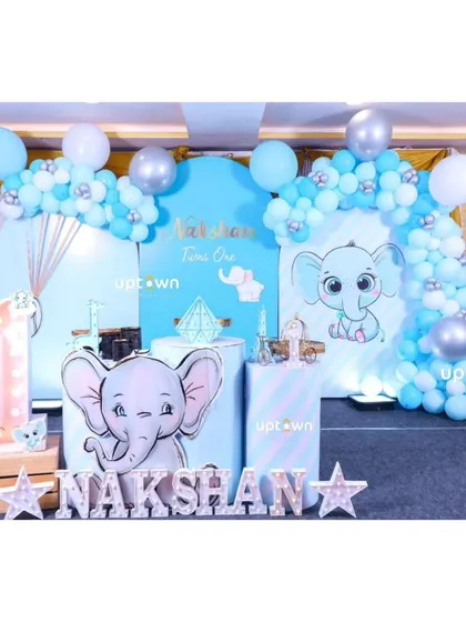 A wide shot of the baby elephant party decor.