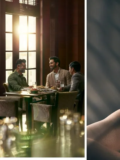 Styling for a DLF campaign, creating a sophisticated and aspirational lifestyle scene. The focus is on smart-casual blazers and shirts that convey a sense of relaxed luxury for the modern man.