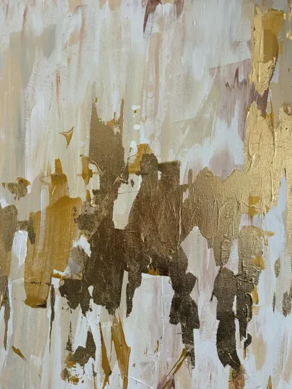 The finished abstract gold leaf canvas. The random, organic placement of the gold leaf complements the abstract brushstrokes underneath.