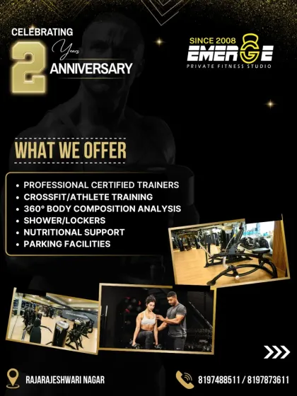 This anniversary offer graphic showcases what we offer, including certified trainers and modern equipment, along with photos of our facility and members in action.